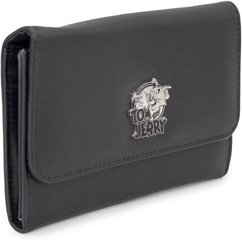 Buckle Down Men's Hanna Barbera Wallet, Foldover, Tom and Jerry Logo Metal Emblem, Black, Vegan Leather, 6.5" x 4.5" in Saudi Arabia