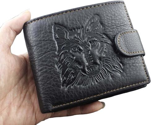 محفظة جلدية غرب جلد طبيعي جلد الذئب رئيس سناب بطاقة المال العملات المعدنية أسود L62 in Kuwait