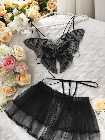 Women Lace Lingerie Babydoll Sexy Nightgown Mesh Chemise Butterfly Appliques Lingerie Set High Waisted Nightdress (Butterfly appliques, M) in Saudi Arabia