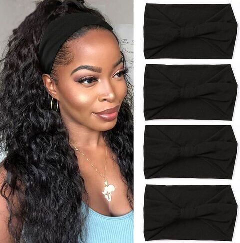 XTREND 4 Packs Wide Headbands Fashion Bandana Bohemian Style Elastic Knotted Non-Slip Headband Black Women Outdoor Sports Yoga Sweat Absorbent Solid Color Hair Accessories (Black Series) in Kuwait