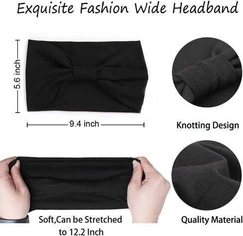 XTREND 4 Packs Wide Headbands Fashion Bandana Bohemian Style Elastic Knotted Non-Slip Headband Black Women Outdoor Sports Yoga Sweat Absorbent Solid Color Hair Accessories (Black Series) in Kuwait