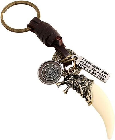 مضحك الحياة خمر براون الجلود المنسوجة باليد سيارة الرئيسية سلسلة المفاتيح الأبيض الراتنج تمسير الذئب الأسنان سلسلة المفاتيح حقيبة الظهر قلادة in Kuwait