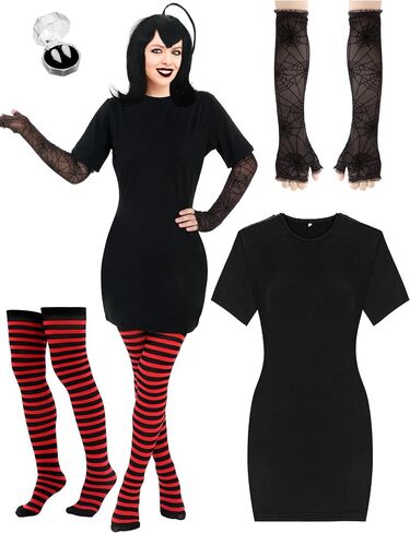 Suhine 4 Pcs Halloween Vampire Costume for Women with Black and Red Striped Tights Black Dress Vampire Fangs Glove in Saudi Arabia