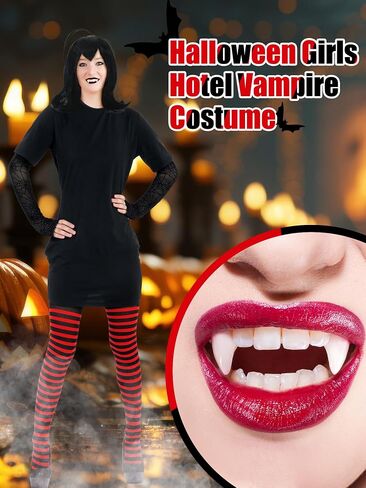 Suhine 4 Pcs Halloween Vampire Costume for Women with Black and Red Striped Tights Black Dress Vampire Fangs Glove in Saudi Arabia