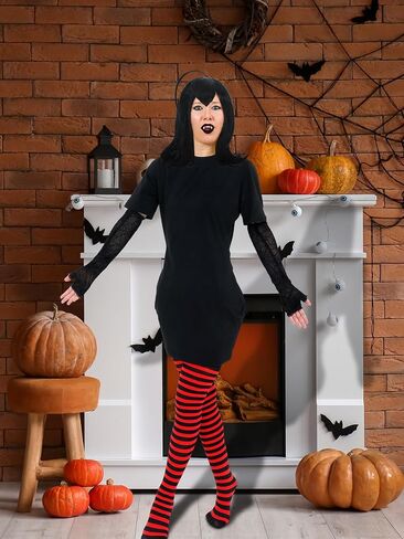 Suhine 4 Pcs Halloween Vampire Costume for Women with Black and Red Striped Tights Black Dress Vampire Fangs Glove in Saudi Arabia