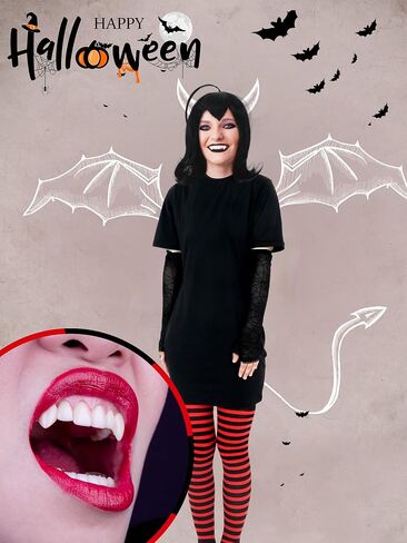 Suhine 4 Pcs Halloween Vampire Costume for Women with Black and Red Striped Tights Black Dress Vampire Fangs Glove in Saudi Arabia