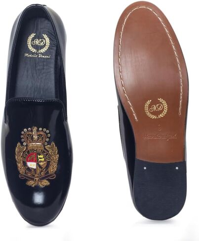 أحذية رجالية مصممة - The Regal Crest Zardozi براءات الاختراع والجلود Slipons | بطانة مبطنة من جلد نابا | صناعة يدوية 100% in Saudi Arabia