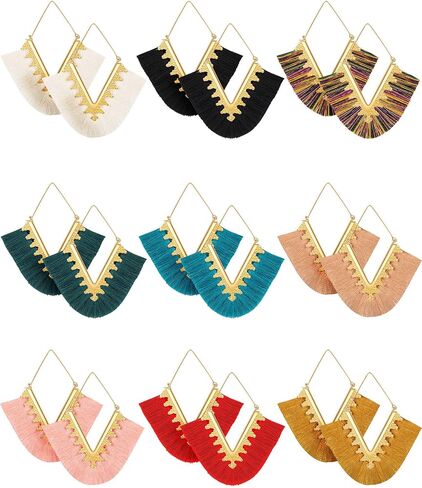 9 Pairs Statement Tassel Earrings Bohemian Fringe Earrings Handmade Silky Lightweight Geometric Triangle Drop Earrings for Women Girls() in Saudi Arabia