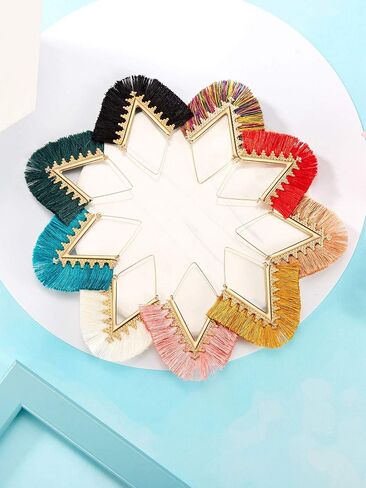 9 Pairs Statement Tassel Earrings Bohemian Fringe Earrings Handmade Silky Lightweight Geometric Triangle Drop Earrings for Women Girls() in Saudi Arabia