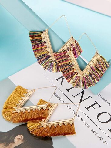 9 Pairs Statement Tassel Earrings Bohemian Fringe Earrings Handmade Silky Lightweight Geometric Triangle Drop Earrings for Women Girls() in Saudi Arabia