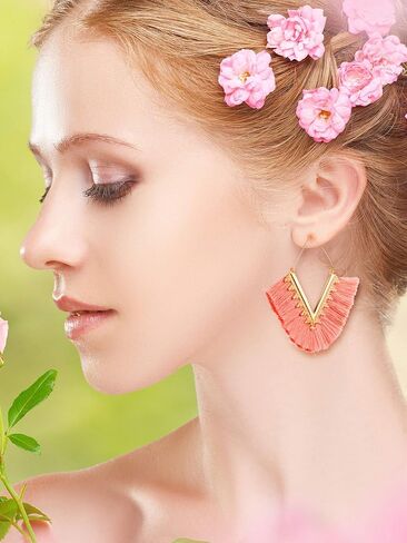9 Pairs Statement Tassel Earrings Bohemian Fringe Earrings Handmade Silky Lightweight Geometric Triangle Drop Earrings for Women Girls() in Saudi Arabia