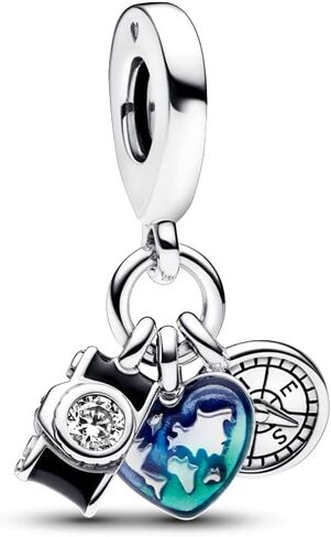 Pandora Camera, Heart & Compass Triple Dangle Charm - Bracelet Charm Moments Bracelets - Great Gift for Her - Sterling Silver & Enamel with Cubic Zirconia - With Gift Box in Saudi Arabia