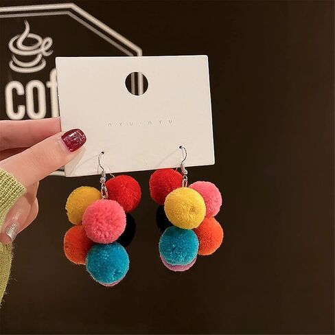 DIYANMMY Boho Unique Elegant Colorful Fur Ball Dangle Drop Earrings Trendy Personalized Exaggeration Hypoallergenic Jewelry Gift in Saudi Arabia