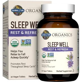 Garden of Life Organics Sleep Well Rest & Refresh 30 Tablets, Lemon Balm, Green Tea Extract L-Theanine, Valerian Root, Chamomile, Probiotics-Organic Non-GMO Vegan Gluten Free Herbal Supplement