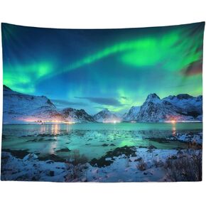 BELECO Northern Lights Tapestry Wall Hanging Aurora Borealis Tapestry 60x50 Inch Snow Mountains and Lake View Starry Night Norwegian Winter Tapestry Wall Decor for Living Room Bedroom Dorm