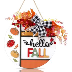 HPNIUB 3D Thanksgiving Door Sign for Home Decor, Autumn Give Thanks Quote Front Door Plaque for Outdoor Outside Porch(11.4x11.4inch), Farmhouse Autumn Maple Fall Wooden Wreath Wall Hanging Decoration