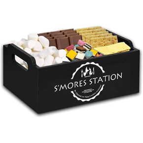 Wooden Smores Caddy Tabletop, Smores Kit For Fire Pit Outdoor, Smores Box, Snack Bar Station, Bonfire Accessories, Camping Decor Organizer (Black)