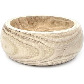 12.6" Wooden Round Hand-Carved Tray and A Wood Bead Tassel String Decorative Centerpiece Paulownia Real Wood Serving Trays Wedding Farmhouse Decoration,Natural