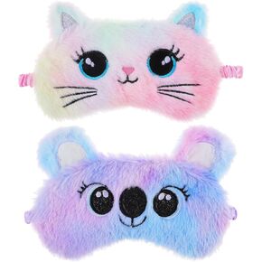 2 PCS Plush Sleep Mask for Kids, Colorful Soft Sleeping Eye Cover Cute Animal Blindfold Eye Mask for Sleeping, Satin Eye Shade Cover for Women Kids Travel Nap Gift (Cat&Koala)