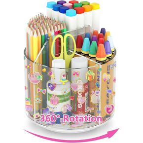 Acrylic Pen Holder for Desk, Acrylic Desk Organizer Clear, 360 Degree Pencil Holder for Desk Kids, Rotating Desk Organizer Rotating Pen Holder for Desk, Art Supply Storage Organizer 6 Compartments