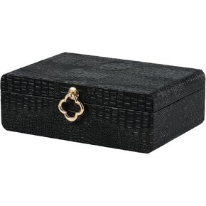 Decorative Storage Boxes with Lid Luxurious Crocodile Skin Alligator Faux Leather Storage Bins Baskets Keepsake Memory Photo Jewelry Box Desktop Stacking Organizer Container (Black, Small)