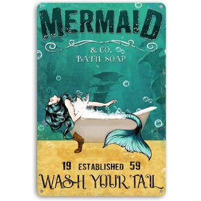 Kercan Mermaid Metal Tin Sign -Bathing Soap Wash Your Tail -Fun Bathroom Decor Wall Art Can Be Used as a Gift forLiving Room, Kitchen, Toilet Decoration Plaque, 12 x 8 Inch