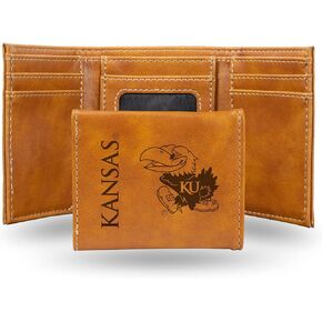 NCAA University of Kansas Jayhawks Men’s Tri Fold Brown Wallet- Premium 10 Pocket Laser-Engraved Team Logo on Vegan Leather- Minimalist Design, Flip ID Window, Credit Card Holder- Ideal Men’s Gift