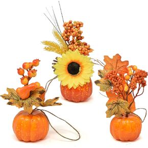 Gift Boutique Set of 3 Small Pumpkins with Artificial Flowers Pumpkins Thanksgiving Decoration for Indoor Desk Shelf Fireplace Mantle Kitchen Living Room Fall Party Decor Centerpieces