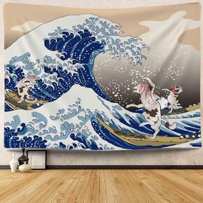 Mocsicka Wave and Cat Tapestry The Great Wave Funny Cat Ukiyoe Style Japanese Kanagawa Room Japanese Decor Tapestries Wall Hanging For Room 59x51 Inch