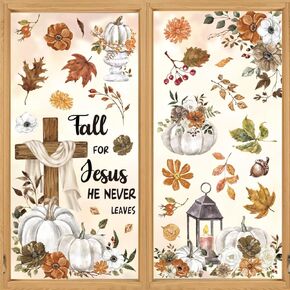 4 Sheets Fall Window Cling Sticker Pumpkin Leaves Reusable Window Decals for Autumn Thanksgiving Harvest Home School Office Classroom Party Decor