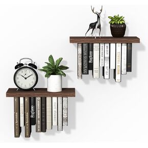 Floating Bookshelves Set of 2, Solid Wood & Metal Bracket Wall Mount Bookshelf, Invisible Book Shelf Floating, DIY Room Decoration Hanging Bookshelf(17.5W*7D)