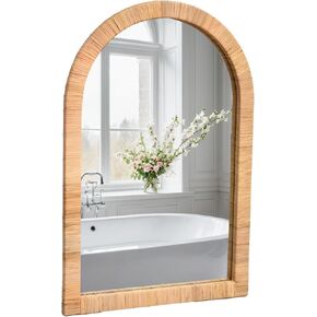 FUIN 20" x 30" Boho Arch Rattan Mirror