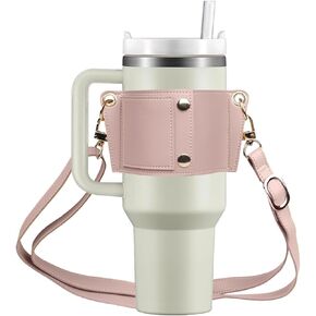 حامل بهلوان مع حزام، حامل أكواب قهوة من الجلد قابل لإعادة الاستخدام، أكياس زجاجات مياه للمشروبات مع حزام قابل للتعديل من أجل يتي وستانلي 30 أونصة و40 أونصة (وردي) in Kuwait