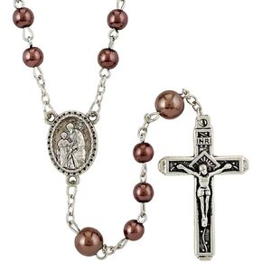 Brown Imitation Pearl Bead Rosary with Saint Joseph Centerpiece, 19 Inch