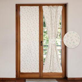 Linen French Door Curtains Set of 2, Elegant Country Style Little Grass and Flower Front Door Curtain Dual Rod Pocket Tiebacks Included, 25" W x 72" L