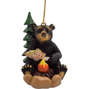 Bear Leaning on Tree with a Campfire Christmas Ornament, Holiday Décor, Rustic Theme, 2.5 Inches