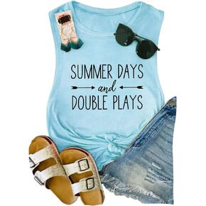 قميص بدون أكمام صيفي بدون أكمام للسيدات من Summer Days and Double Plays Baseball للنساء، مطبوع عليه حروف مضحكة، كرة لينة للعضلات