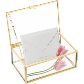 NATGAI Copper Golden Vintage Glass Lidded Box Decorative Jewelry Keepsake Display Organizer Clear Rectangle Box Rings Bracelet Golden Organizer for Wedding Birthday Party Decor (5.7x3.5x2 in)