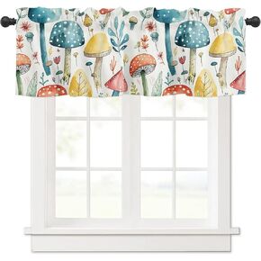 Mushroom Farmhouse Short Window Curtain Valances, Spring Floral Botanical Colorful Mushroom Rod Pocket Kitchen Valances for Living Room Bedroom Bathroom Cafe, 1 Panel - 42" x 12"