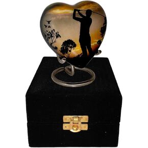 Classic Heart Shape Keepsake Aluminum Urn for Human Ashes – with Box and Stand - Peaceful Golfer Design 7 cms high Handmade Product for Tribute Your Love Once Dimension 7x7x3.5 cms