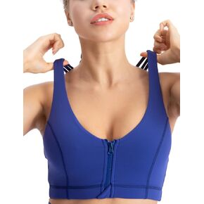Women's Zip Front Sports Bra Medium Impact Strappy Crisscross Back Workout Running Yoga Bra