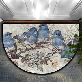 Pardick Vintage Blue Bird Branch Half Round Door Mat, Cute Animal Non-Slip Half Circle Area Rug Doormat Absorbent Half Moon Rug for Indoor Outdoor Kitchen Bedroom Home Decor