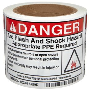 Brady 102308 3.5" Height, 5" Width, B-302 High Performance Polyester, Black And Red On White Color Arc Flash And Shock Label (100 Per Roll)
