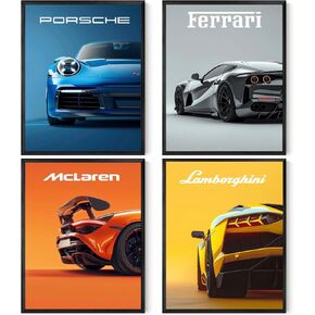SUPPLY DROP 4 Car Posters - Sports Car Posters Pack, Vibrant Car Posters, Car Posters for Office, Bedroom, Living Room, Vintage Racing Car Wall Art for Boys Bedrooms (Unframed 11x14inch, 4pcs)