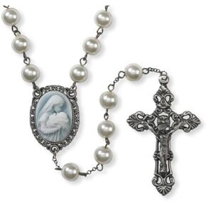 Mother's Kiss Catholic Rosary with Faux Pearl Beads, Crucifix and Virgin Mary Centerpiece, 22 1/2 Inches