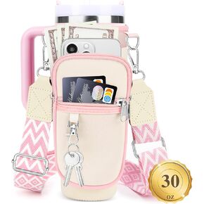 Water Bottle Carrier Bag with Strap for Stanley 40/30 oz Tumbler with Handle, Water Bottle Holder Pouch with 6.7'' Phone Pocket & Carabiner for Owala/Simple Modern/Stanley Cup Accessories