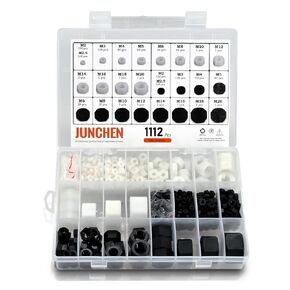 1112PCS M2 M2.5 M3 M4 M5 M6 M8 M10 M12 M14 M16 M18 M20 Nylon Metric Hex Nuts Assortment Kit,Bright Finish, Full Thread