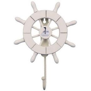 Hampton Nautical White Decorative Ship Wheel with Sailboat and Hook 8" - Ship Wheel Decor - Nau