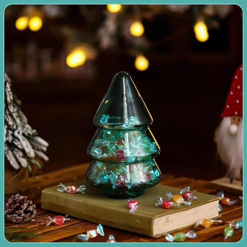 Sliner 9.06 x 5.12 Inch 30oz Christmas Tree Candy Jars Glass Cookie Jars with Lids Lovely Christmas Tree Jar Clear Bowl Food Storage Container for Xmas Festival Holiday Party Gift Table Decoration in Kuwait