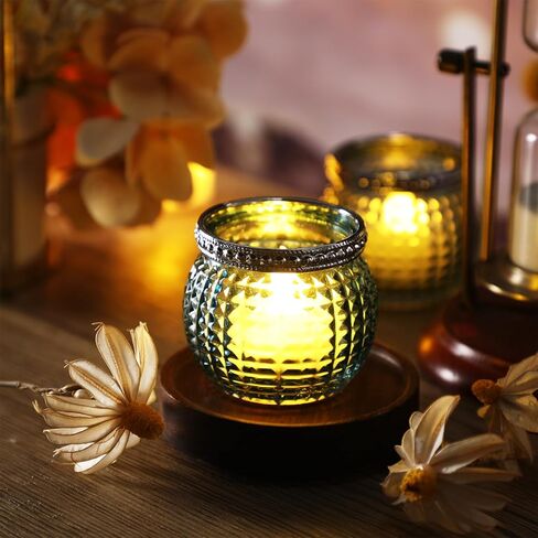 مجموعة Hushee مكونة من 24 حامل شموع زجاجية صغيرة نذرية، حامل شموع زجاجية بوهو عتيقة لتزيين الطاولة المركزية لحفلات الزفاف وحفلات الزفاف (أخضر فاتح وأخضر داكن) in Kuwait